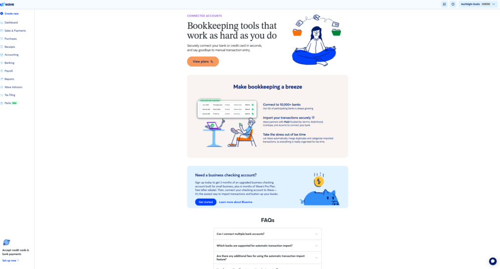 Wave free plan showing automatic bank connections restricted to Pro