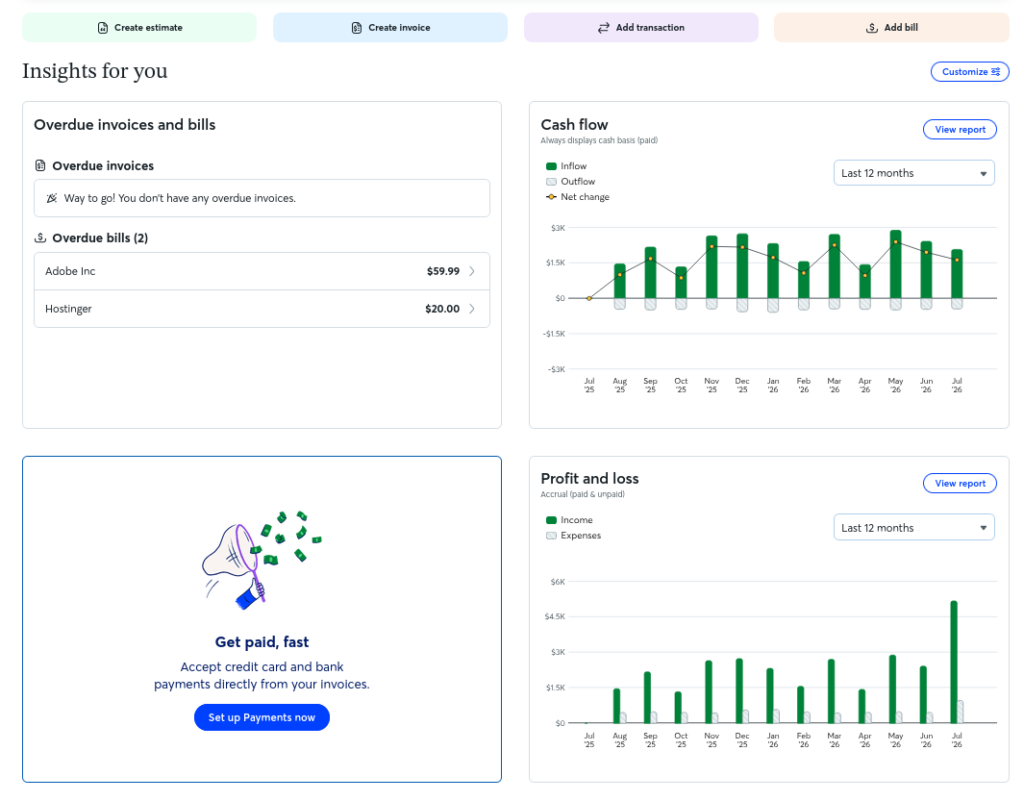 Wave dashboard showing cash flow and profit and loss for a freelance business