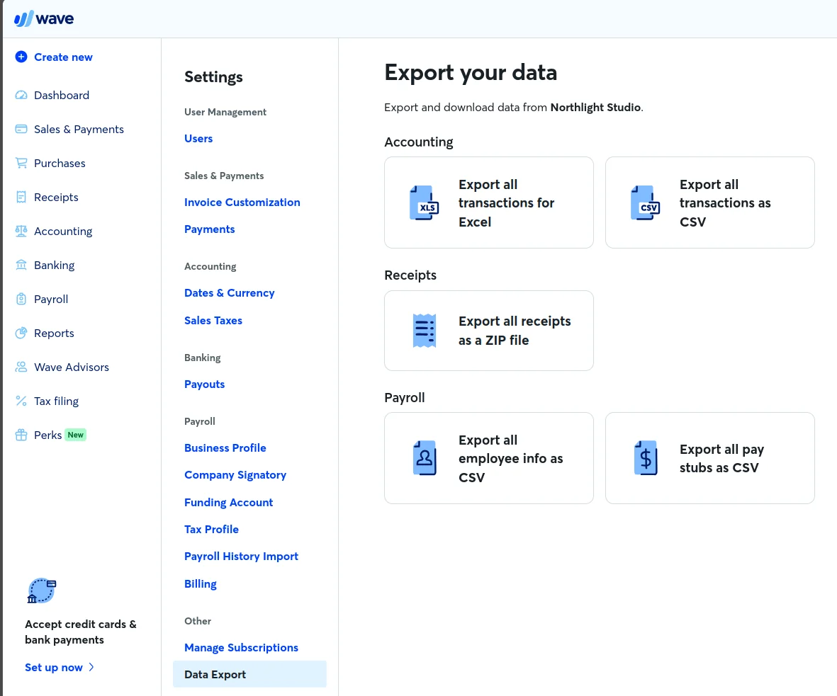 Wave Settings Data Export page showing export options for transactions, receipts and payroll
