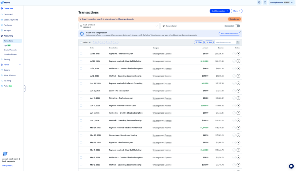 Wave free plan transactions imported from CSV and left uncategorised