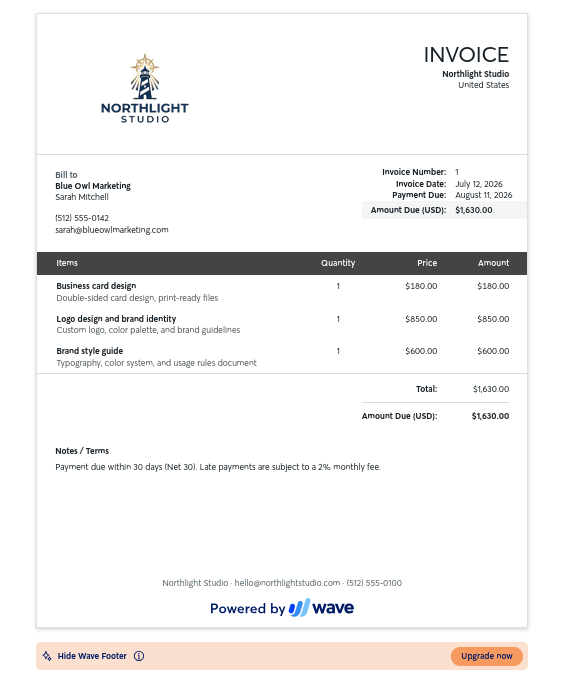 Invoice generated on Wave's free plan with the Powered by Wave footer