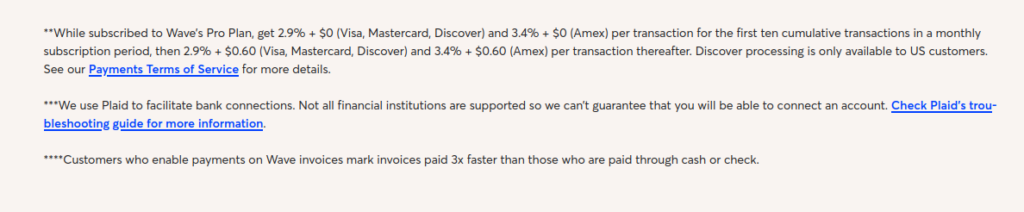 Wave Pro terms showing the 2.9% plus $0 rate applies to the first 10 transactions per month