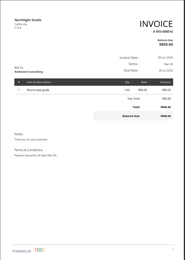 Zoho Books invoice example for a freelance design studio