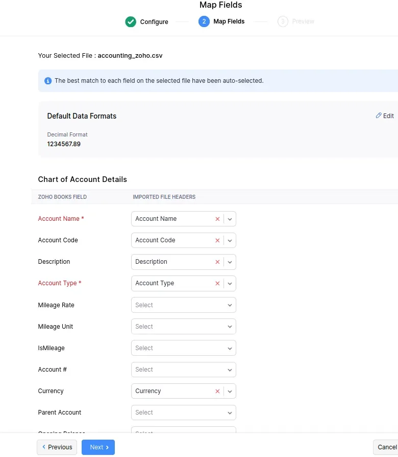 Map Fields screen used to migrate from Wave to Zoho Books, showing Account Name and Account Type mapped to imported file headers