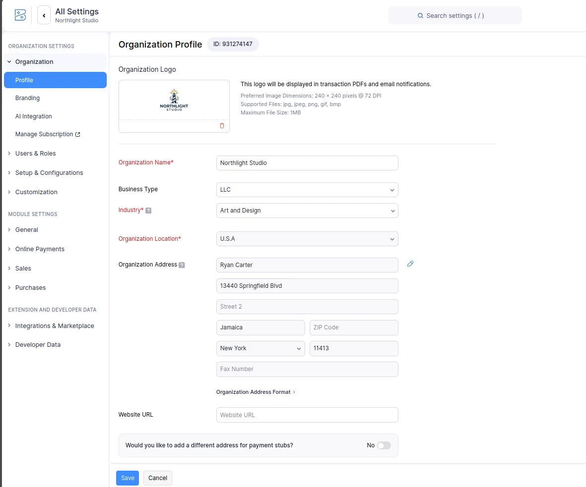 Zoho Books Organization Profile settings screen showing organization name, business type, industry and address fields
