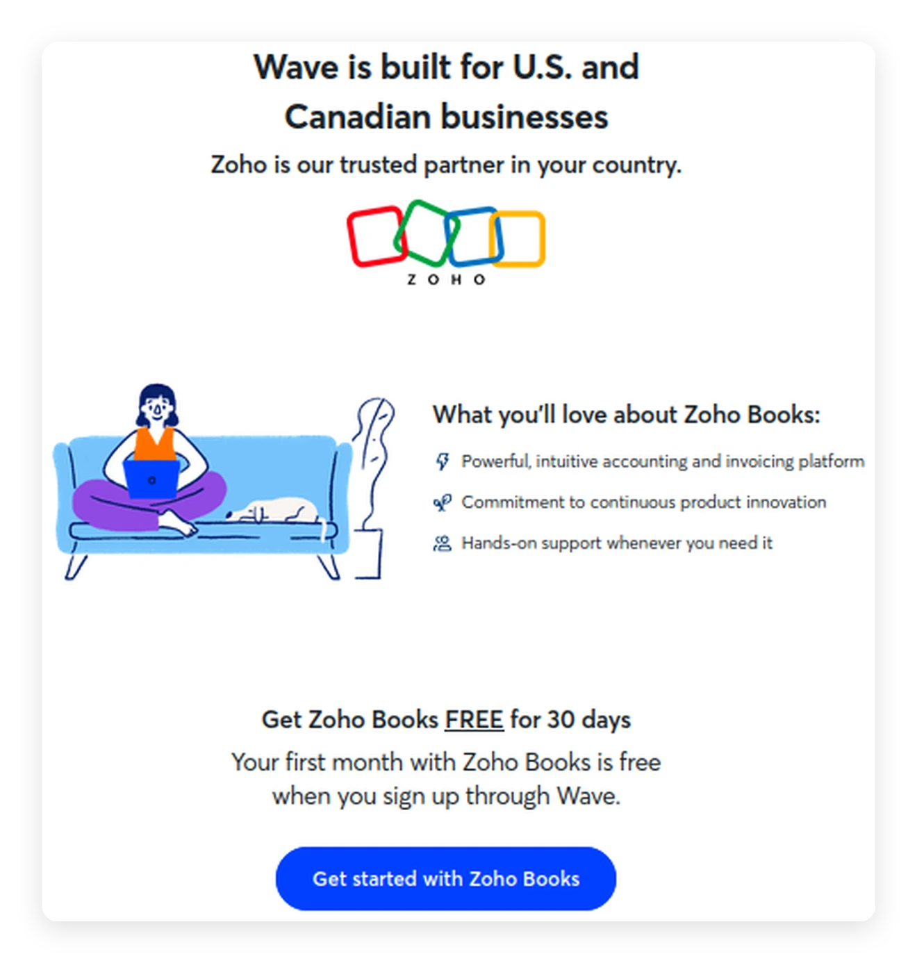 Wave invoicing discontinued notice shown to a business account outside the US and Canada, redirecting the user to sign up for Zoho Books