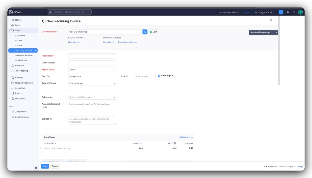 New Recurring Invoice form with customer, profile name, and monthly frequency set to never expire