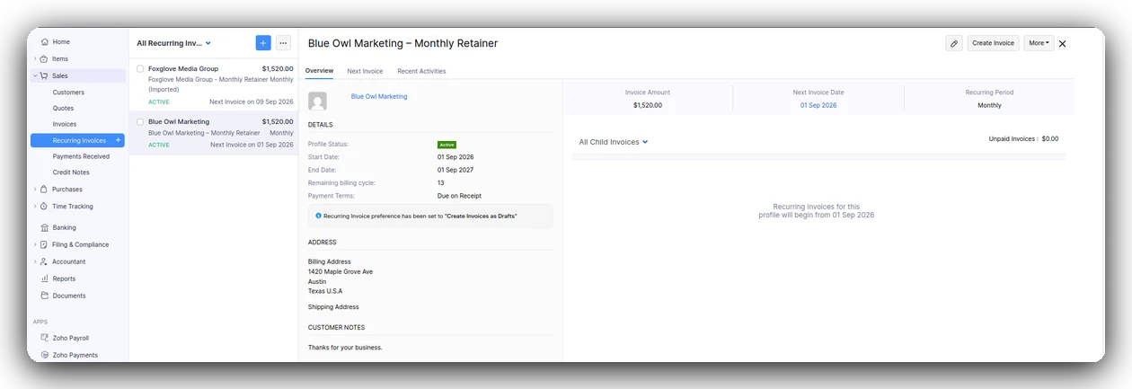 Saved recurring invoice profile detail page showing next invoice date, billing address, and customer notes