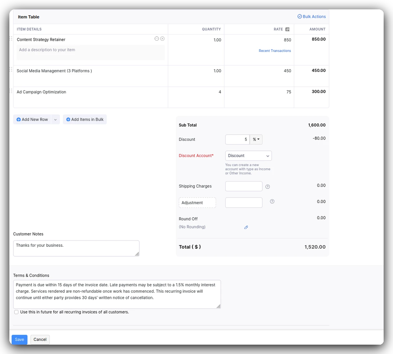 Item table with three line items and a 5% discount, with the required Discount Account field highlighted