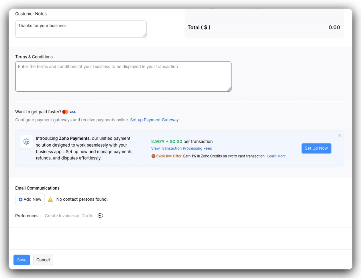 Bottom of the recurring invoice form showing customer notes, terms and conditions, and the Zoho Payments processing fee