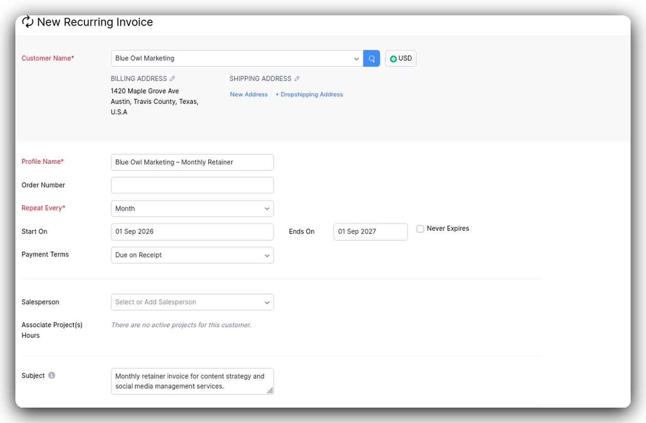 Recurring invoice profile filled with customer billing address, profile name, and a fixed end date