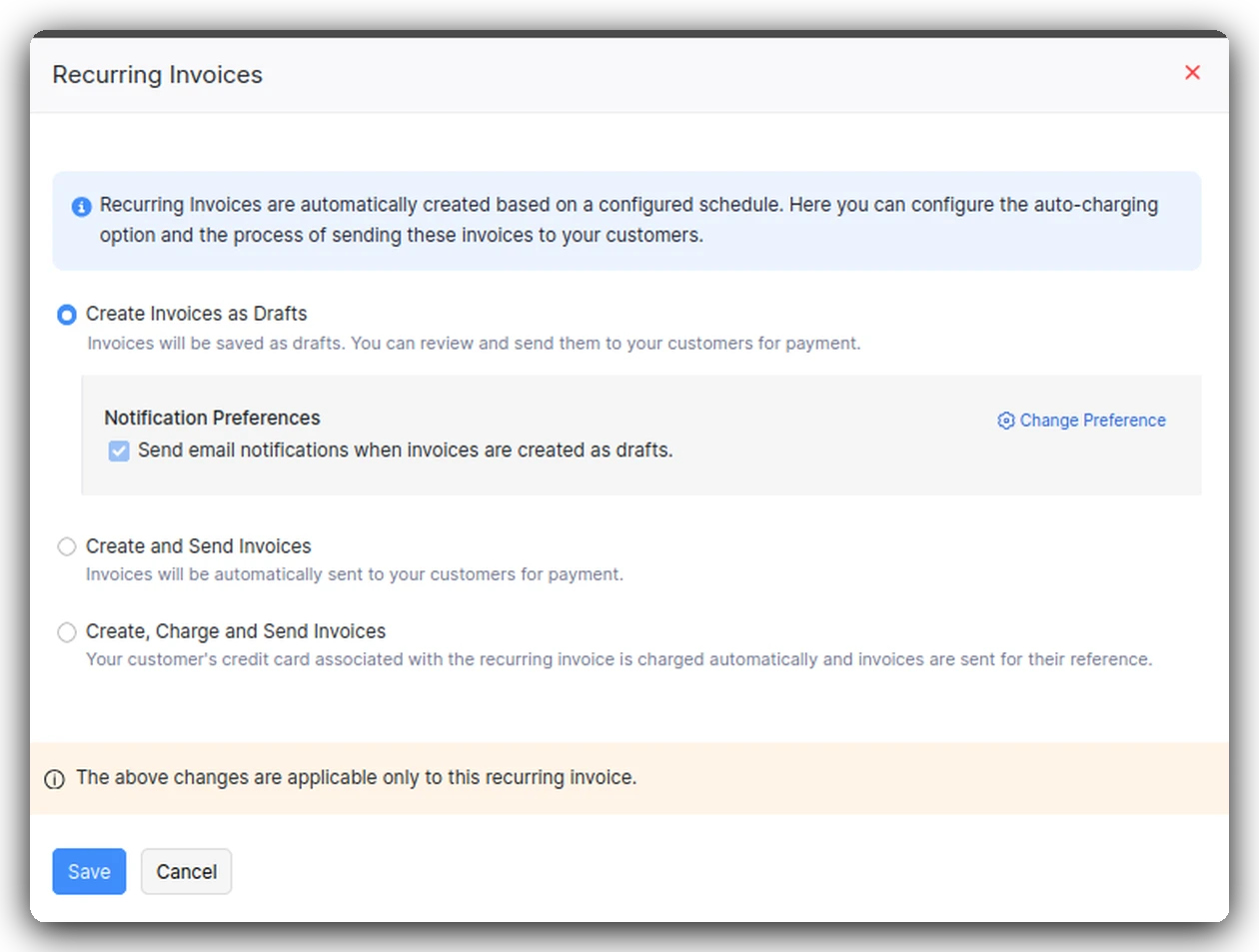 Recurring Invoices preference modal showing three sending options: draft, auto-send, and auto-charge