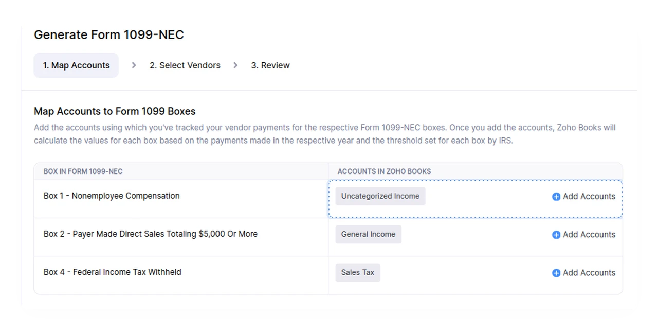 Mapping accounts to Form 1099-NEC boxes in Zoho Books