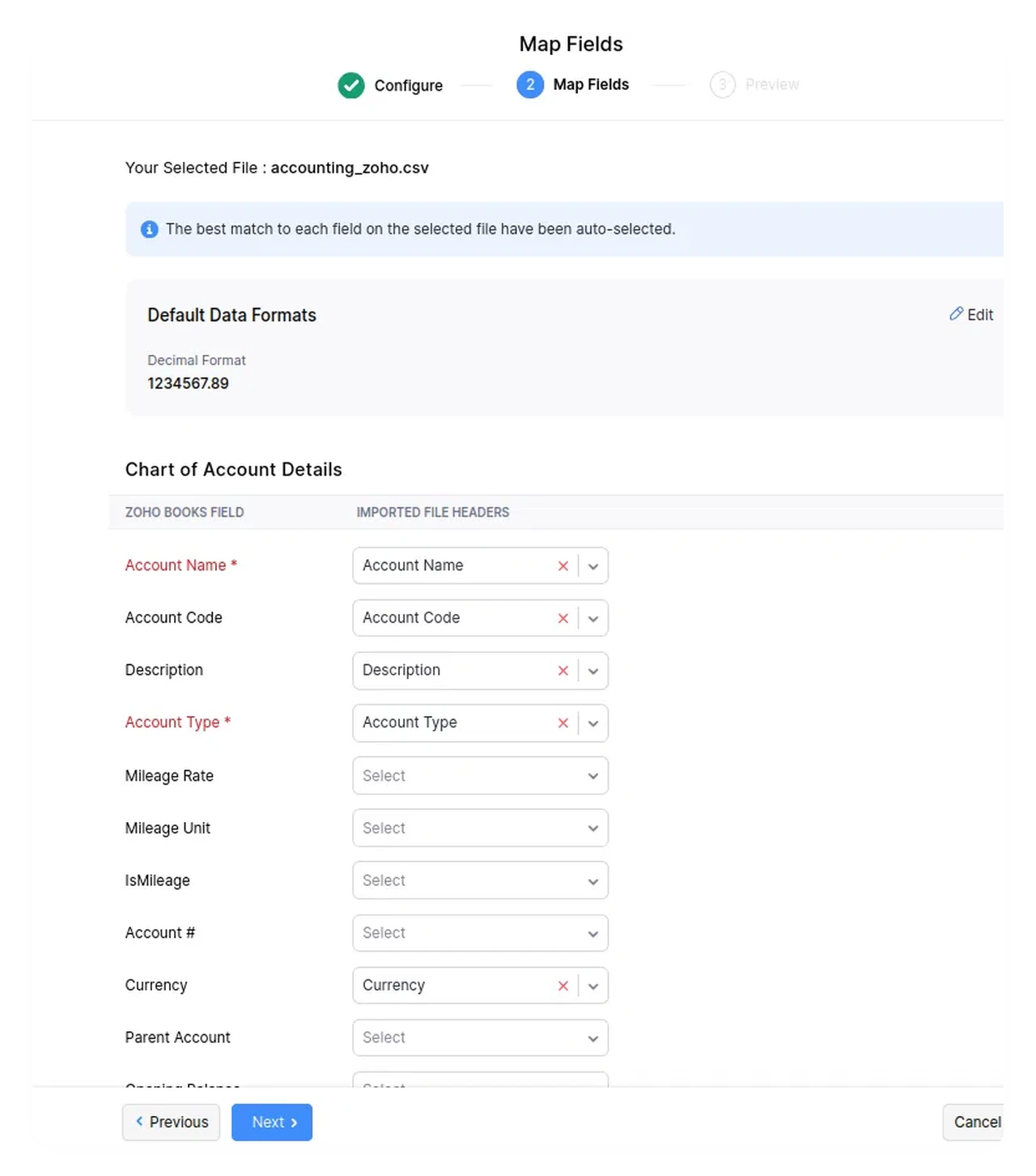 Mapping imported fields to Zoho Books' Chart of Accounts during a CSV import