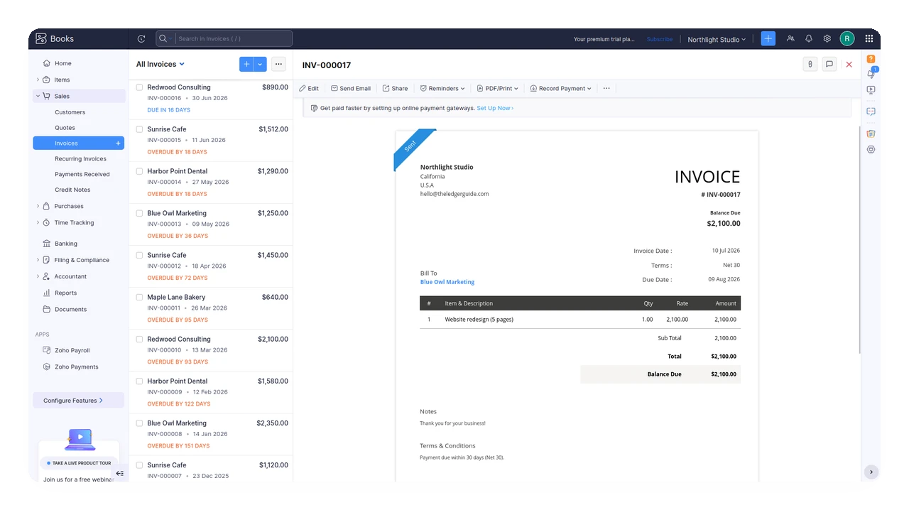 Viewing an invoice inside Zoho Books