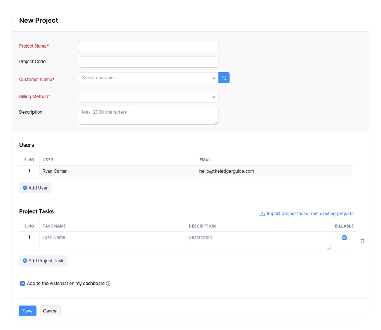 Creating a new project for time tracking in Zoho Books