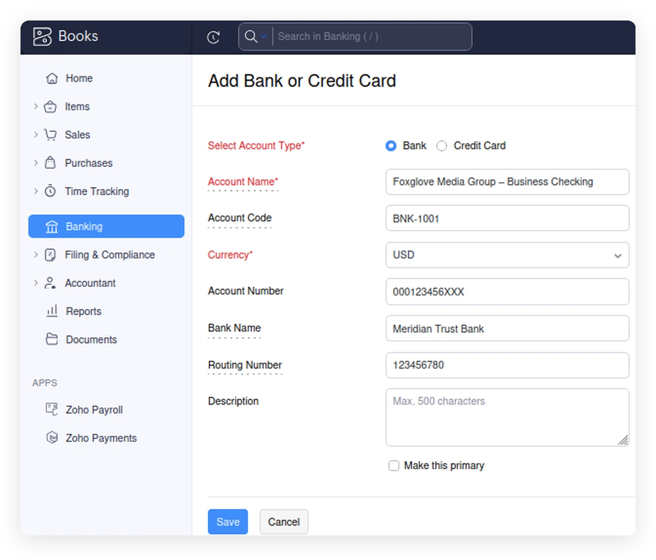 Add Bank or Credit Card form in Zoho Books with a manually added checking account