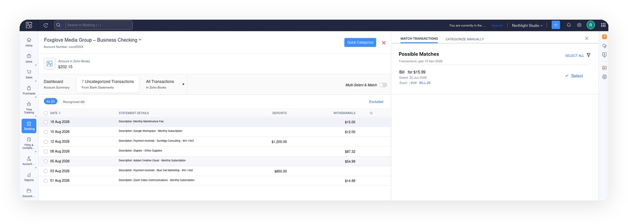 Uncategorized bank transaction in Zoho Books with the Match Transactions and Categorize Manually tabs