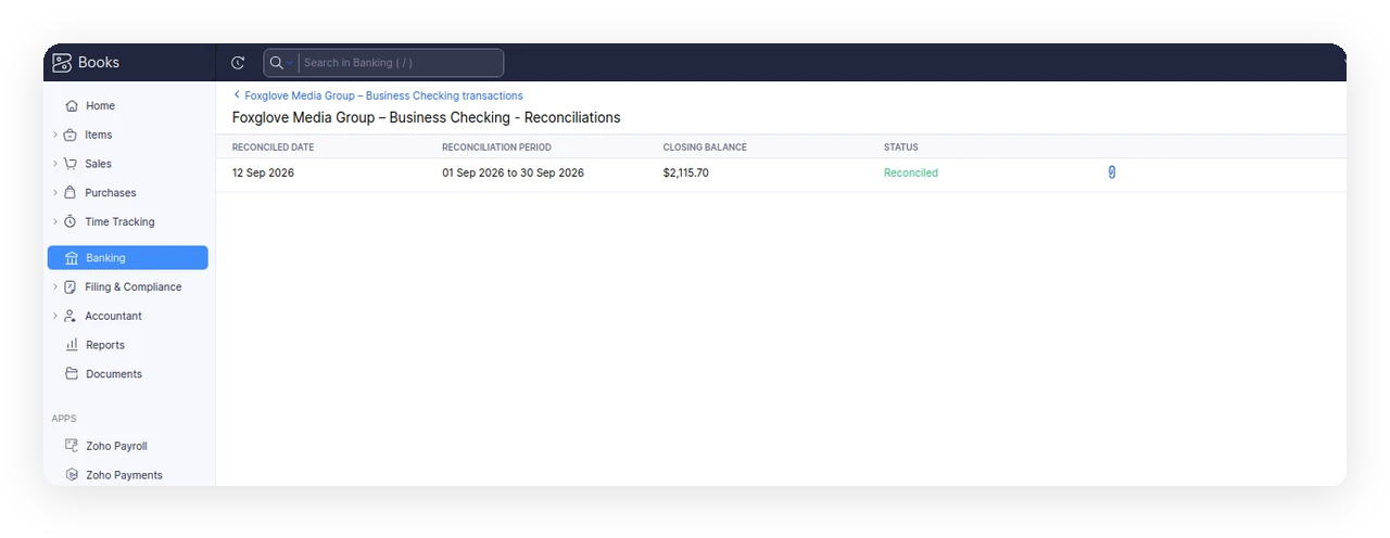 Zoho Books reconciliation history showing a completed period with status Reconciled