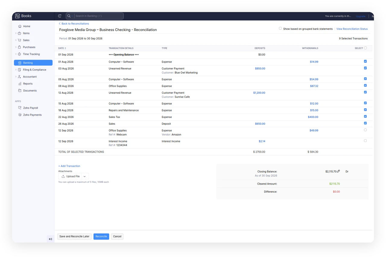 Reconcile bank transactions in Zoho Books screen showing a zero dollar difference between Closing Balance and Cleared Amount